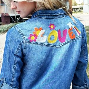Billy T NWT Denim Shirt with Colorful Embroidery